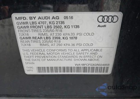 2016 Audi Q3 2.0T Premium Plus из США, поврежденный, VIN WA1BFCFS3GR024858